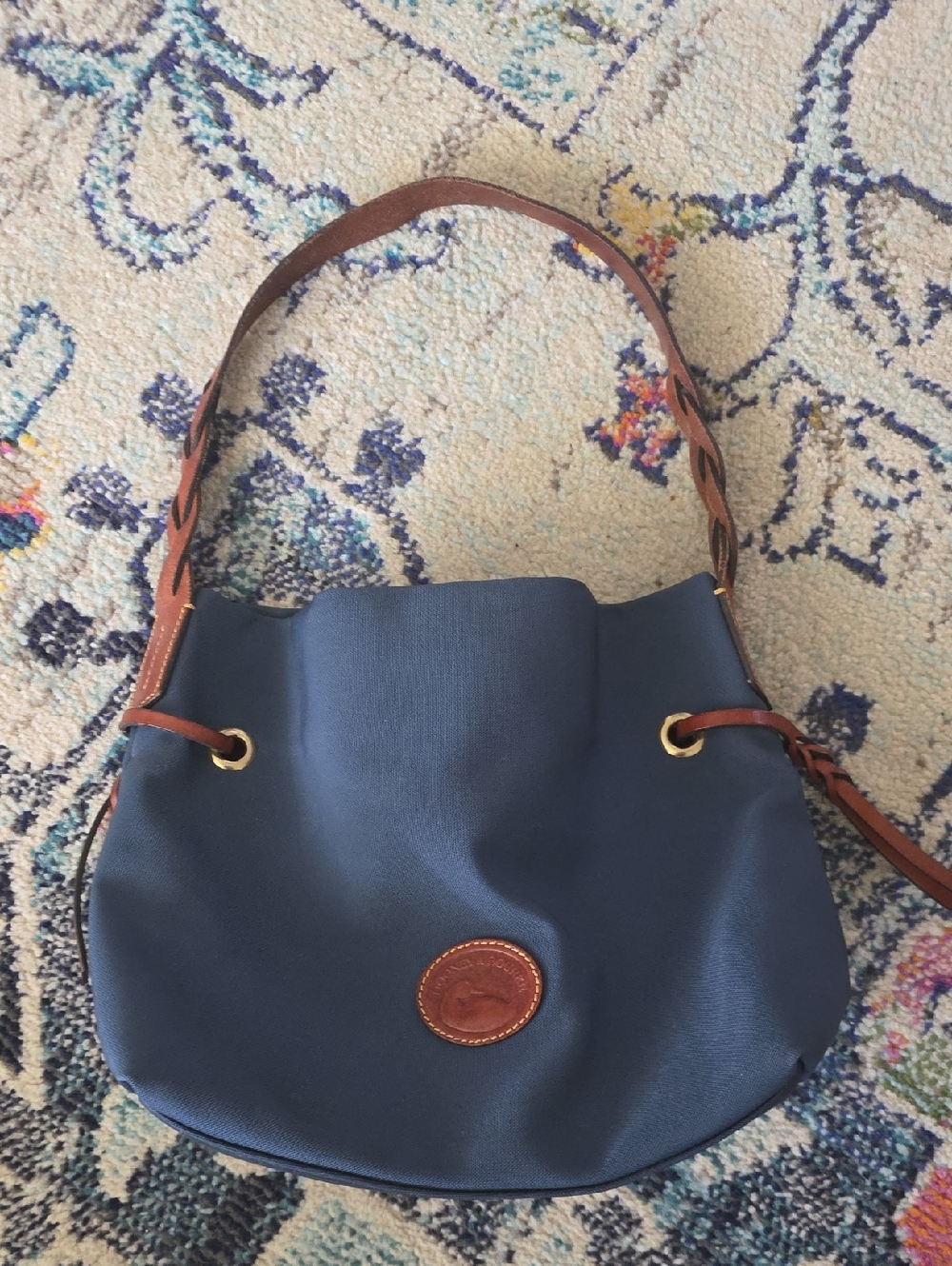 Dooney & Bourke Navy Canvas Shoulder Bag with Brown Leather Trim